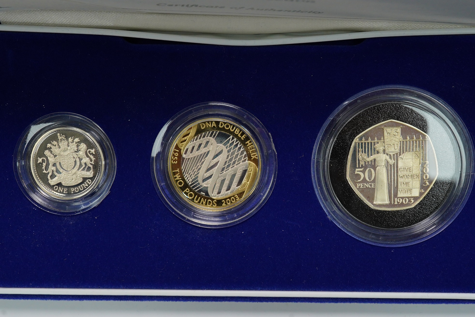 Royal Mint UK QEII silver proof piedfort coins; three coin collection, 2003, a Queen Mother Centenary crown 2000, three £2, 1997, 1999 and 2001, four £1, 1997-2000